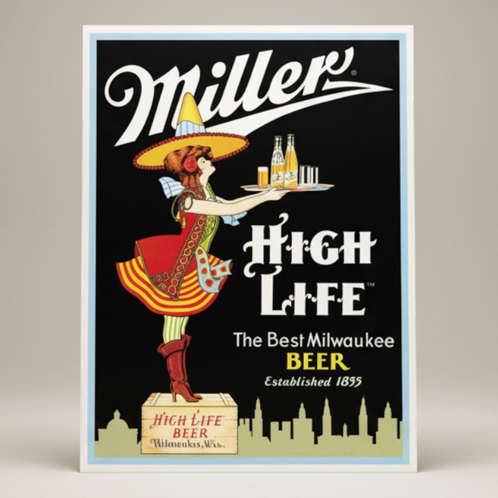 Jones Peak Miller High Life beer metal sign featuring a woman in a red dress and yellow hat serving drinks.