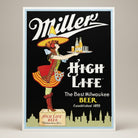 Jones Peak Miller High Life beer metal sign featuring a woman in a red dress and yellow hat serving drinks.