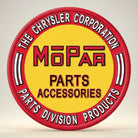 Jones Peak Mopar metal sign with red border, yellow center, and Mopar Parts Accessories text.
