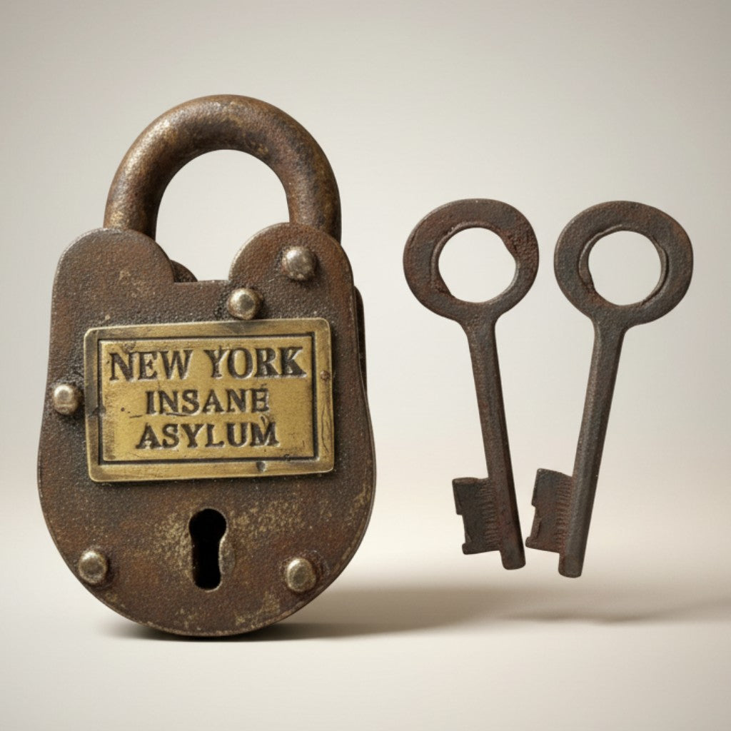 Jones Peak New York Insane Asylum cast iron lock with two antique keys, distressed finish.