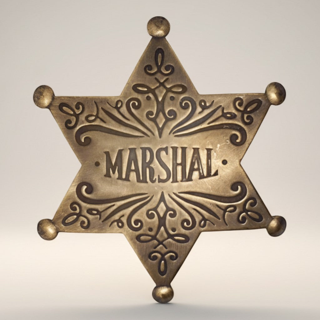 Jones Peak Old West Marshal solid brass star badge with ornate scrollwork and antique finish.