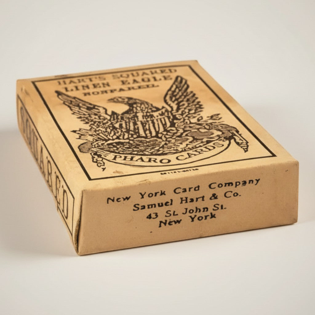 Jones Peak Old West Pharo poker card deck box with an eagle graphic and square corners, made of card stock.