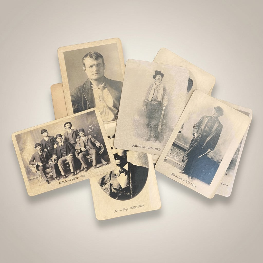 Jones Peak Outlaws of the Old West set of 13 vintage-inspired photos on heavy card stock, featuring historical figures.