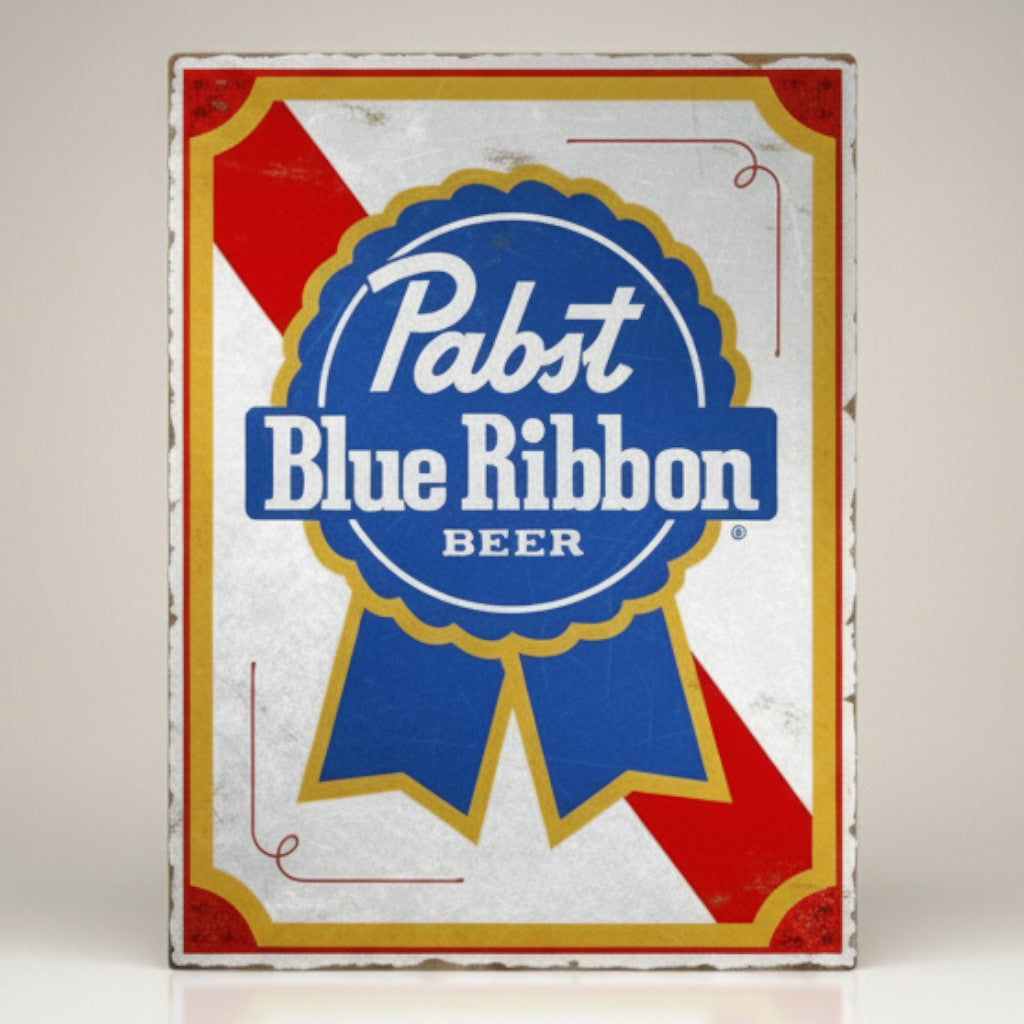 Jones Peak PBR Blue Ribbon Beer metal sign with red and blue ribbon graphic. Vintage distressed metal sign.
