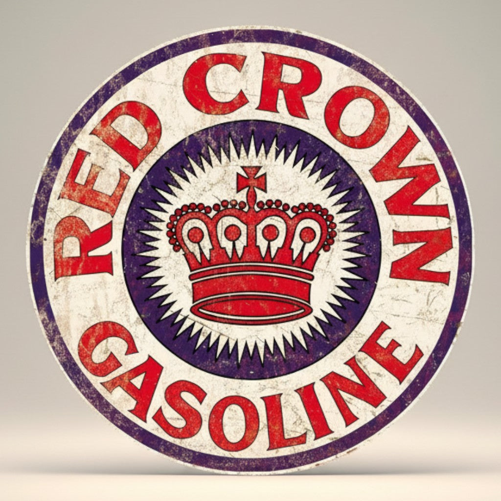Jones Peak Red Crown Gasoline vintage metal sign with red crown and sunburst design.
