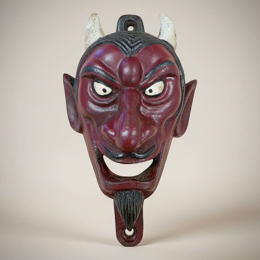Jones Peak red cast iron devil face wall bottle opener with white horns and black accents.