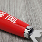 Jones Peak red hardwood bottle opener with white "Garage Tool" text and silver metal opener.