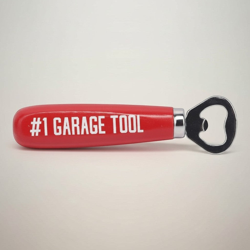 Jones Peak red hardwood bottle opener with "#1 GARAGE TOOL" text in white, metal opener end.