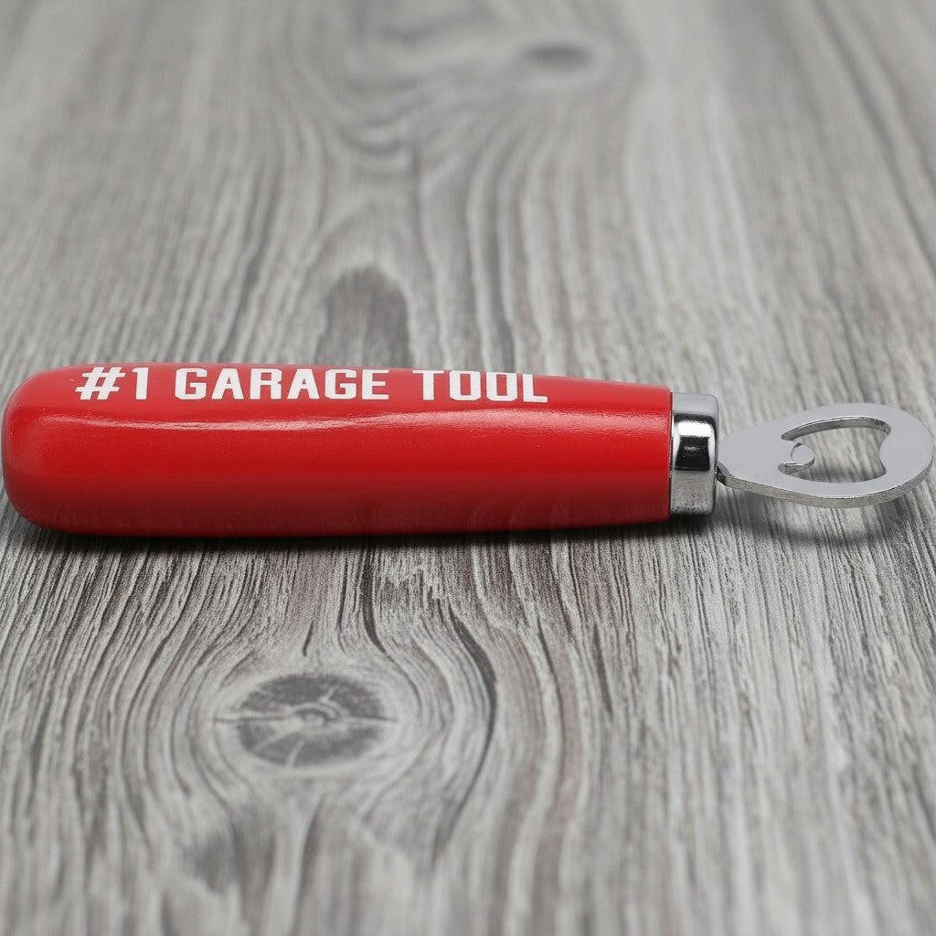 Jones Peak red hardwood bottle opener with "#1 GARAGE TOOL" text, metal opener.
