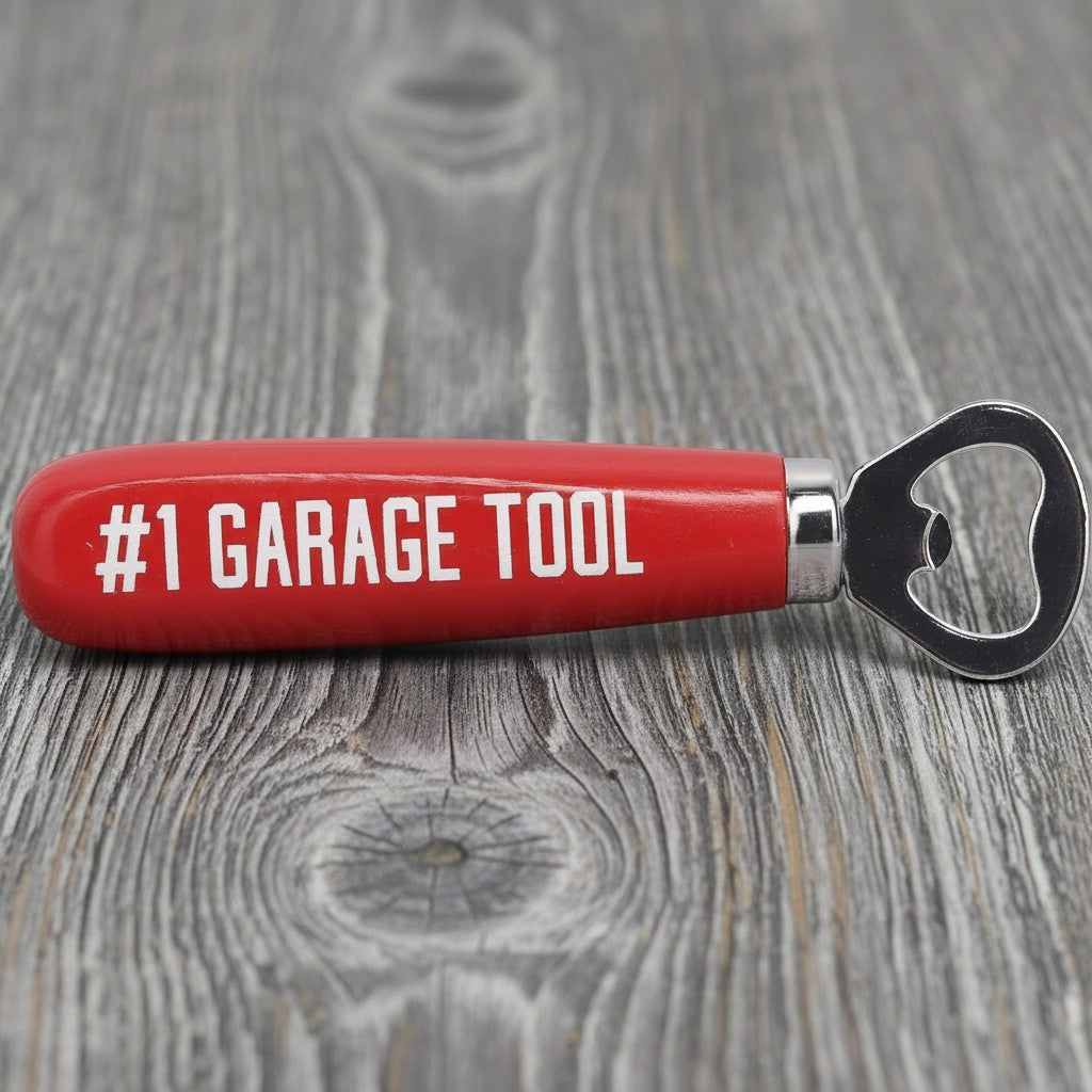 Jones Peak red hardwood bottle opener with '#1 GARAGE TOOL' in white text, metal opener.