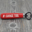 Jones Peak red hardwood bottle opener with '#1 GARAGE TOOL' in white text, metal opener.