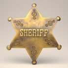 Jones Peak Old West Sheriff star badge in solid brass with antiqued finish and decorative scrollwork. Features 'SHERIFF' text.