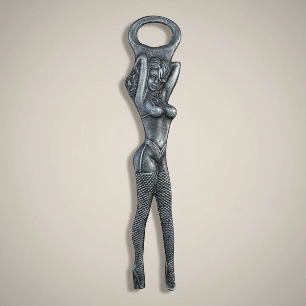 Jones Peak Showgirl aluminum bottle opener with an antiqued finish, 8" tall.
