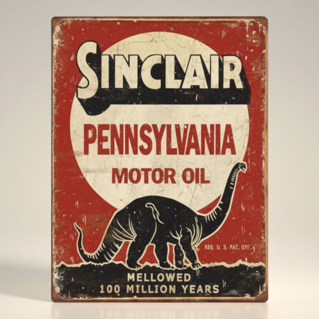 Jones Peak Sinclair Pennsylvania Motor Oil metal sign with a black dinosaur graphic and distressed red background.
