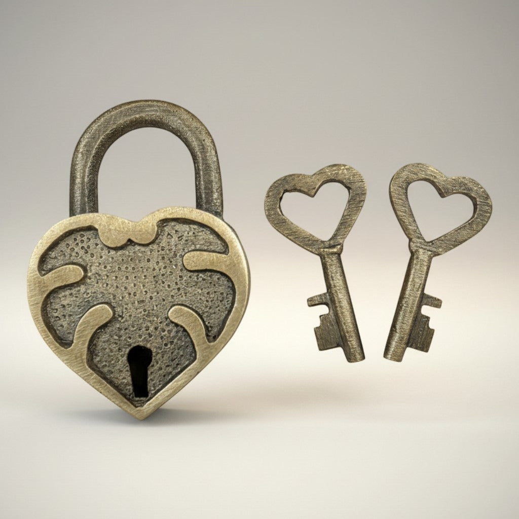 Jones Peak solid brass heart lock with two heart-shaped keys, antique finish, decorative accent.