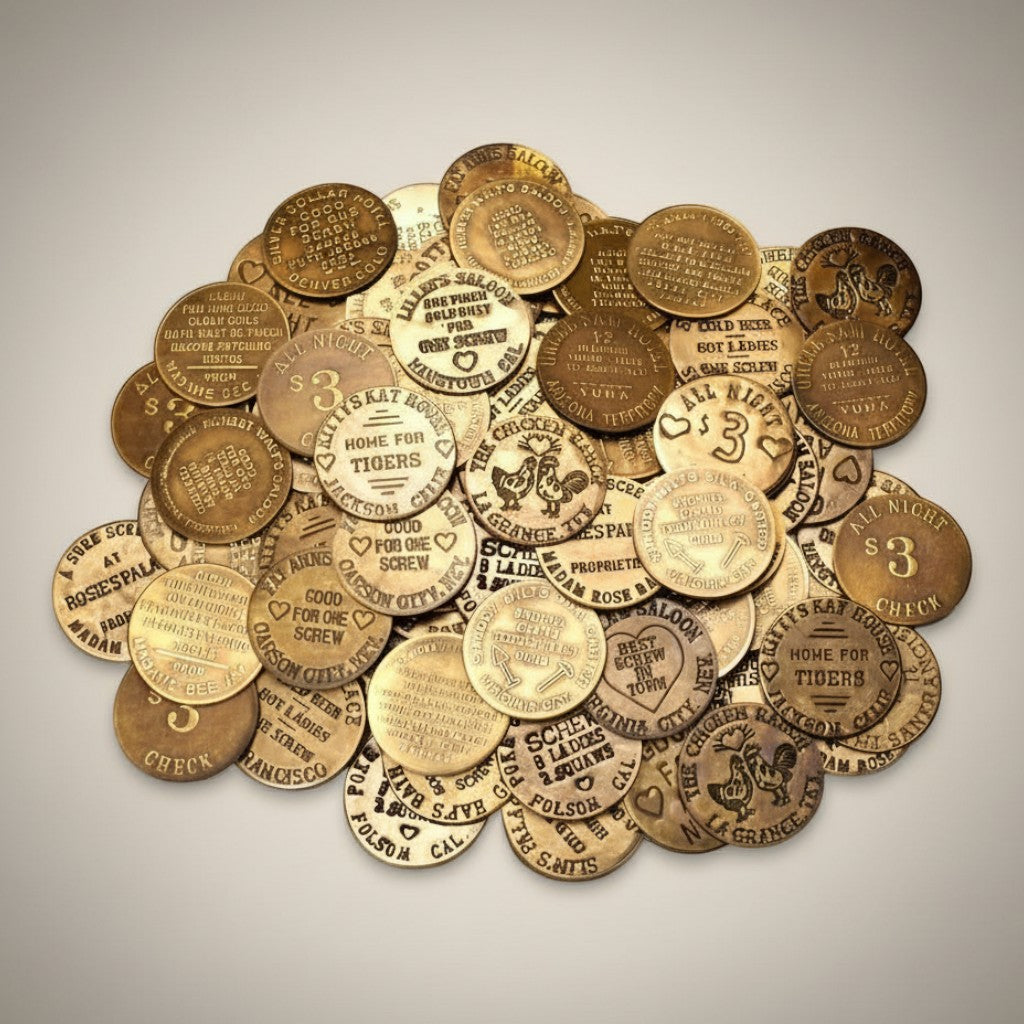 Jones Peak set of 6 solid brass tokens with raised lettering and antique finish, featuring historical saloon and brothel names.