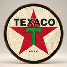 Jones Peak vintage Texaco '36 round metal sign with red star and green T logo. Distressed finish.