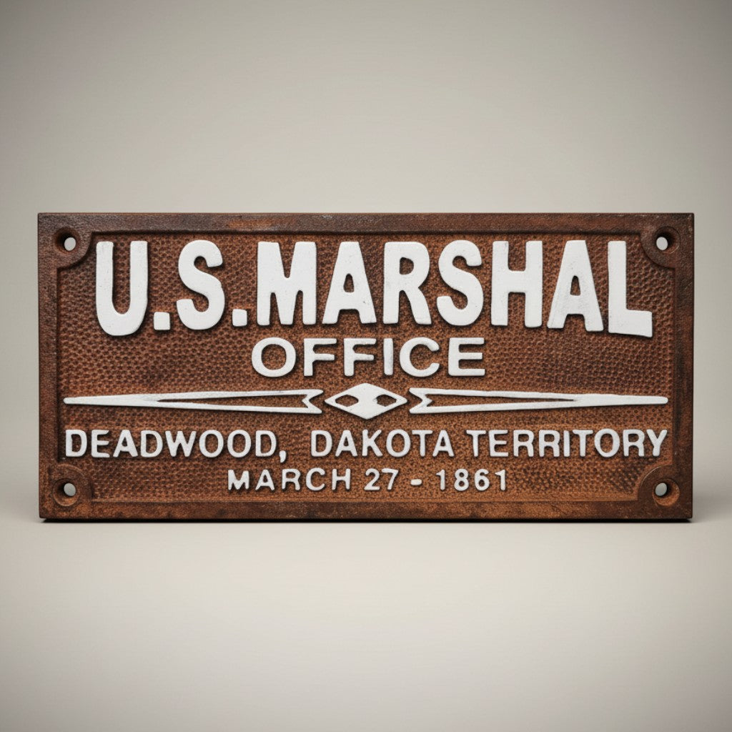 Jones Peak U.S. Marshal Office Deadwood Dakota Territory cast iron plaque with raised white lettering and antique patina finish.
