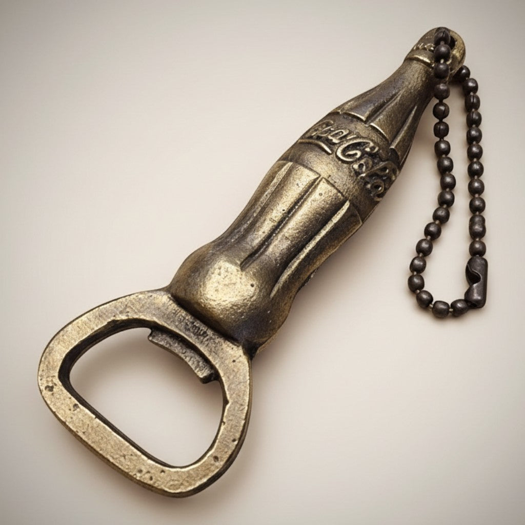 Jones Peak vintage Coca-Cola bottle shaped solid brass bottle opener with chain, antiqued finish.