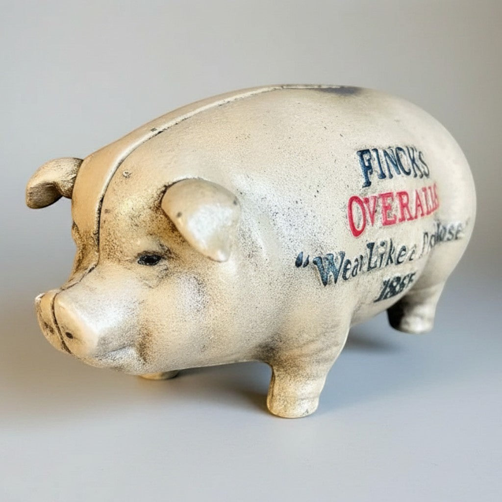Finck's Overalls Pig 1885 Cast Iron Coin Bank - Jones Peak
