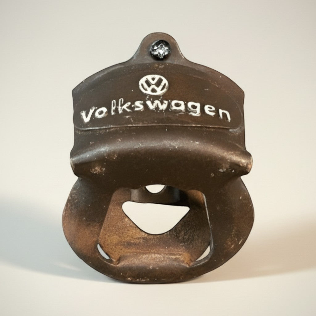 Jones Peak vintage brown metal wall-mounted bottle opener with Volkswagen logo and lettering.