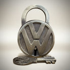 Jones Peak vintage solid brass lock with keys, featuring the embossed Volkswagen logo. Antique, distressed finish.