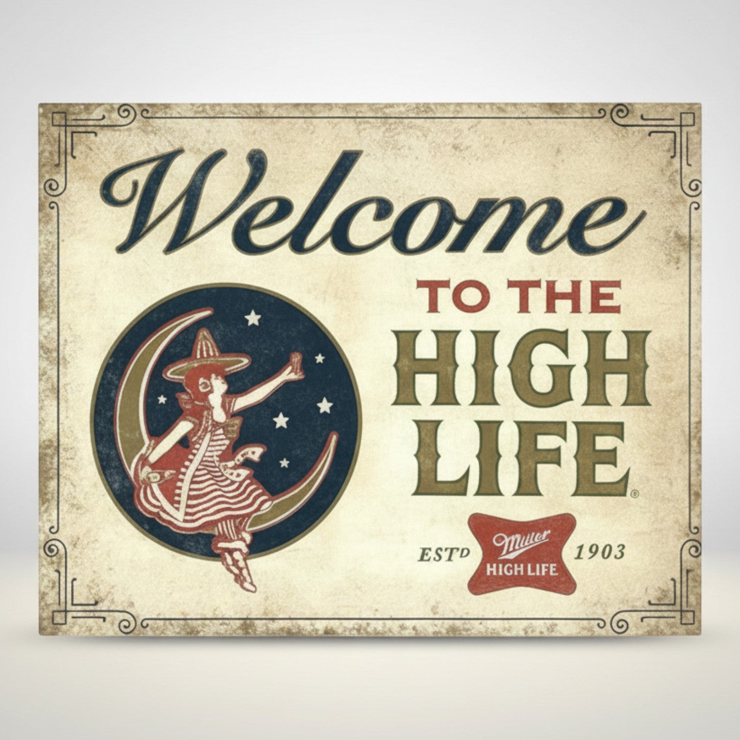 Jones Peak Welcome High Life metal sign with vintage illustration of a woman on a crescent moon.