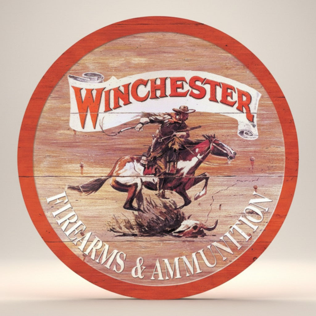Jones Peak Winchester Express round metal sign featuring a cowboy on horseback with Winchester Firearms & Ammunition text.
