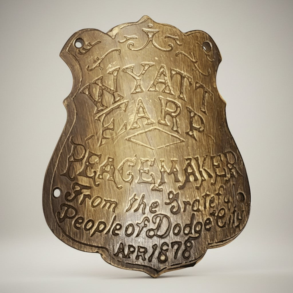 Jones Peak metal Wyatt Earp Dodge City Peacemaker gun butt tag, antique finish, decorative prop for collectors.