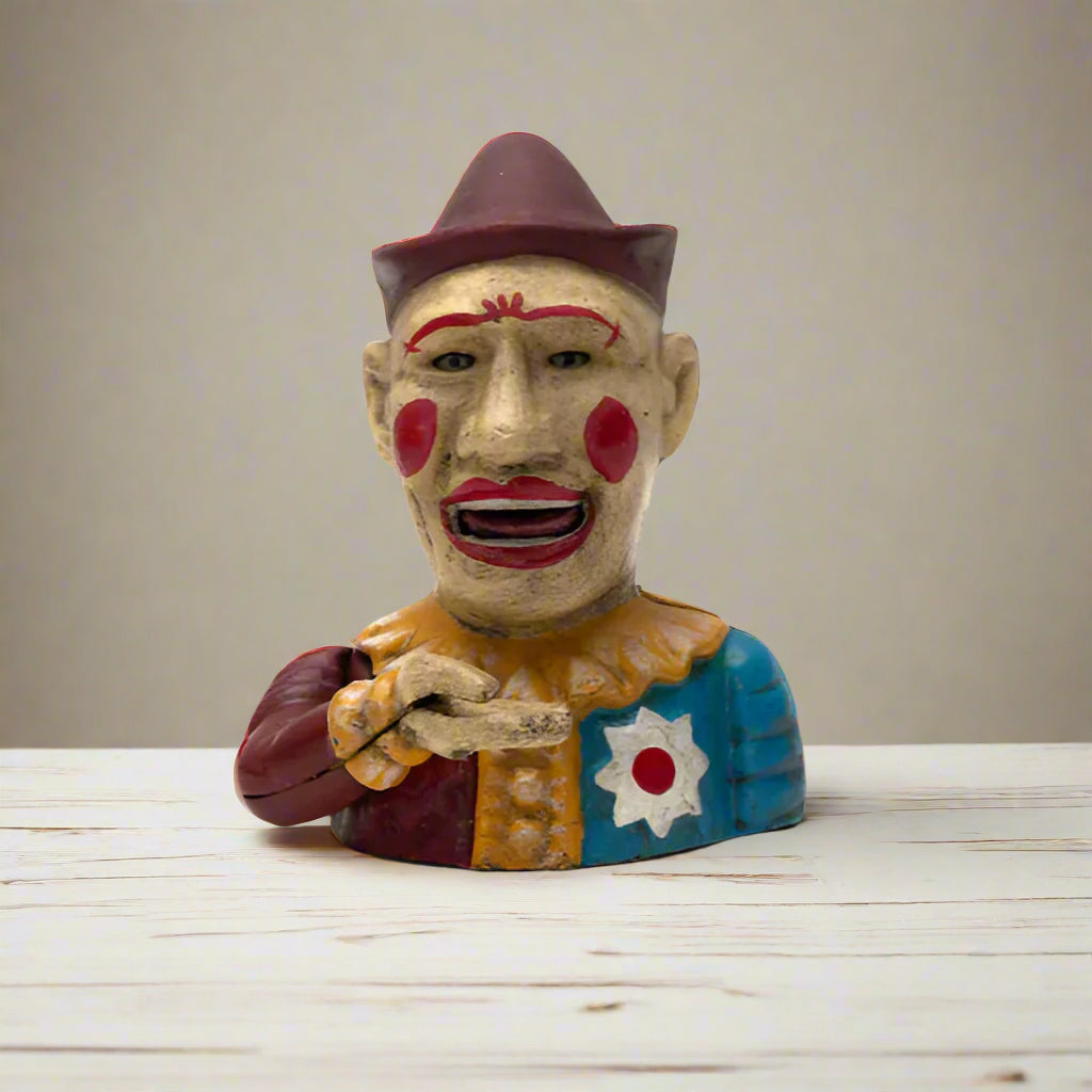 Clown Cast Iron Mechanical Coin Bank With Painted Antique Finish (7" High)