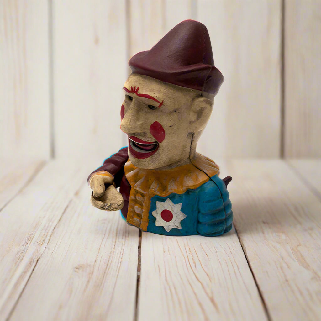 Clown Cast Iron Mechanical Coin Bank With Painted Antique Finish (7" High)
