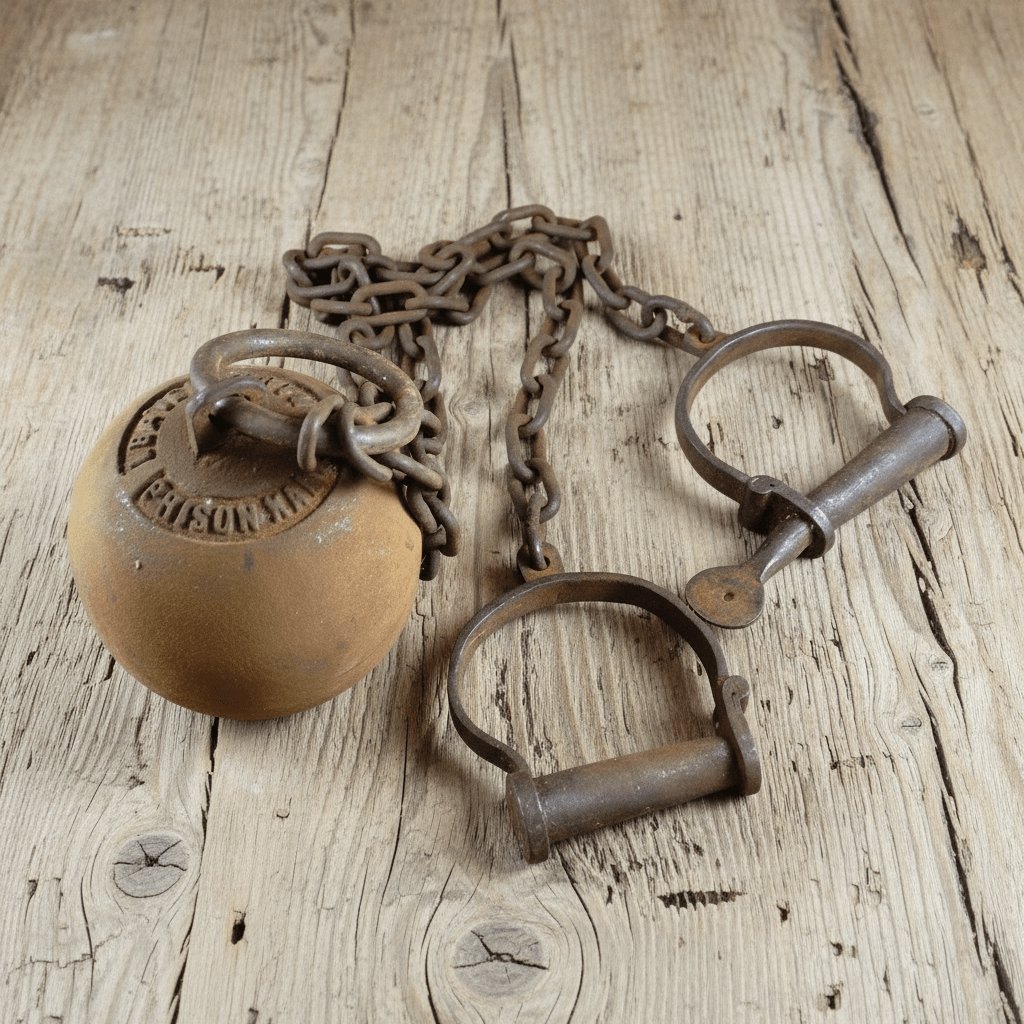 Leavenworth Prison Cast Iron Working Ball & Chain Leg Irons With Antique Finish (28" Long) - Jones Peak