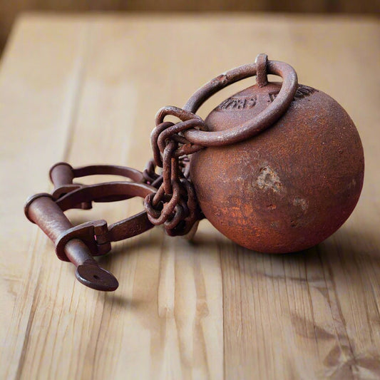 Leavenworth Prison Cast Iron Working Ball & Chain Leg Irons With Antique Finish (28" Long) - Jones Peak