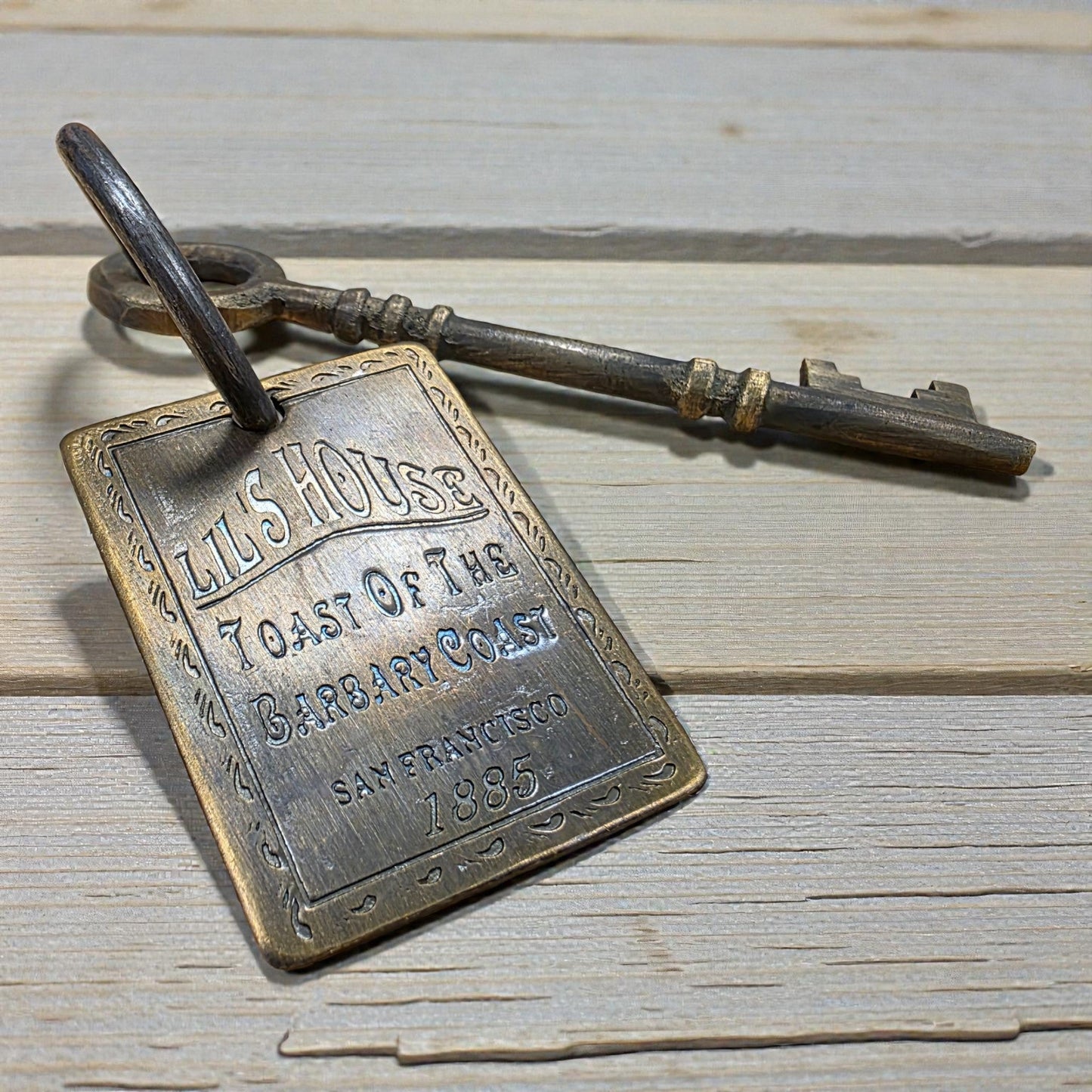 Lil's House San Francisco Brothel Room Brass Tag & Key With Antique Finish (6.5" Long) - Jones Peak