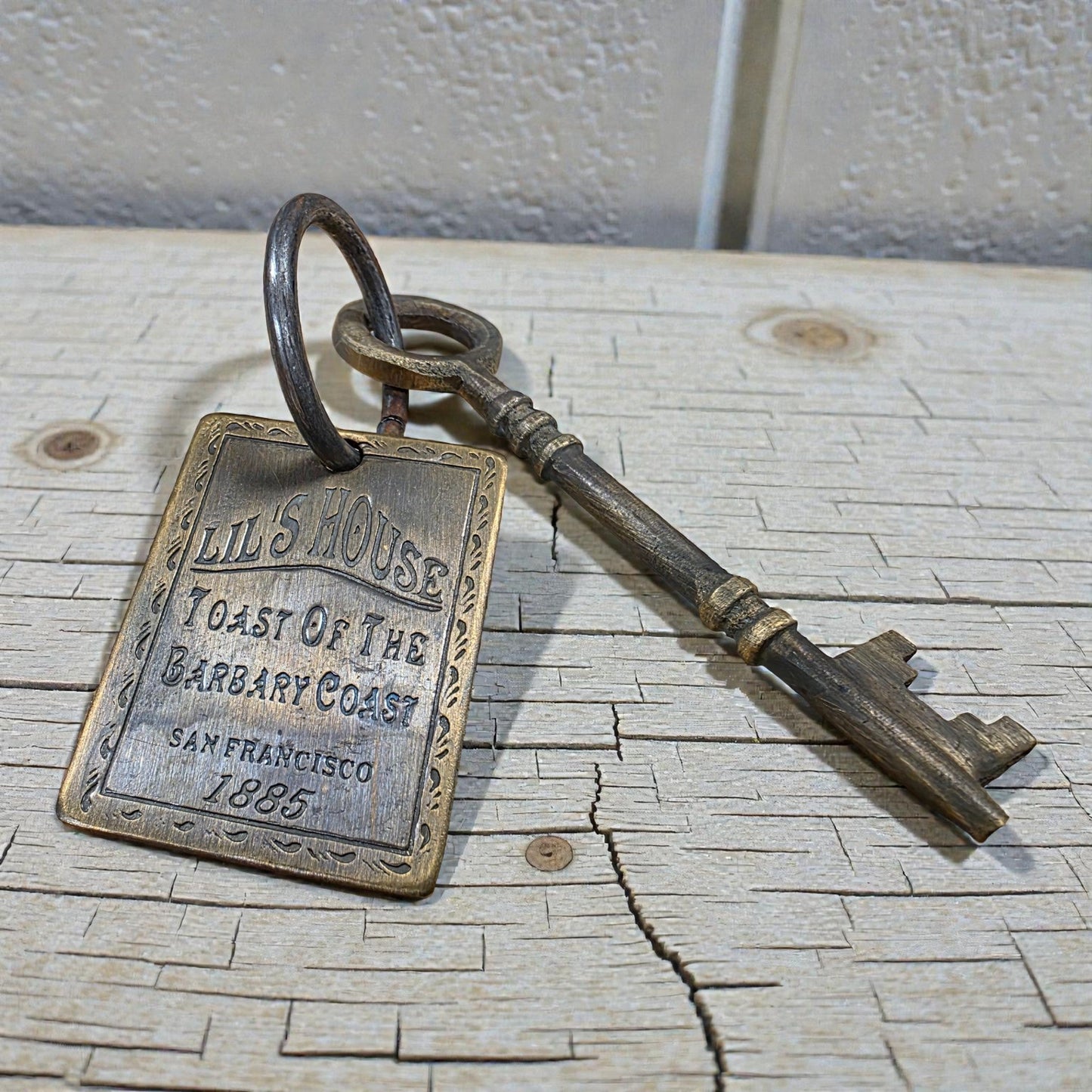Lil's House San Francisco Brothel Room Brass Tag & Key With Antique Finish (6.5" Long) - Jones Peak