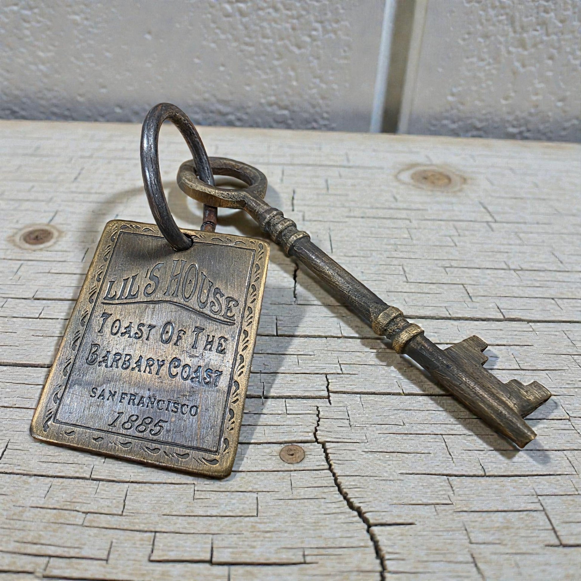 Lil's House San Francisco Brothel Room Brass Tag & Key With Antique Finish (6.5" Long) - Jones Peak