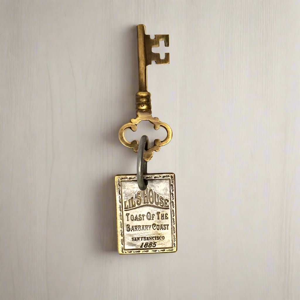Lil's House San Francisco Brothel Room Brass Tag & Key With Antique Finish (6.5" Long) - Jones Peak