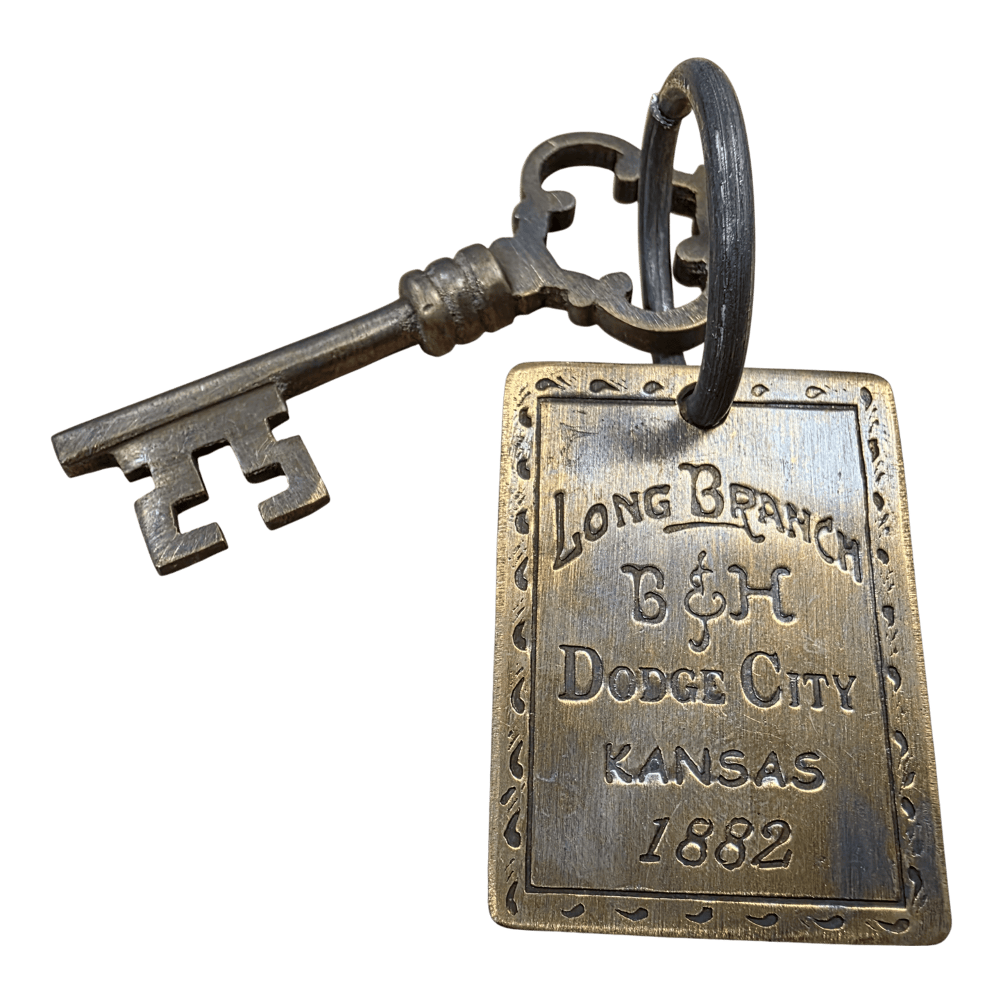 Long Branch 1882 Dodge City Brothel Room Brass Tag & Room Key With Antique Finish (6" Long) - Jones Peak