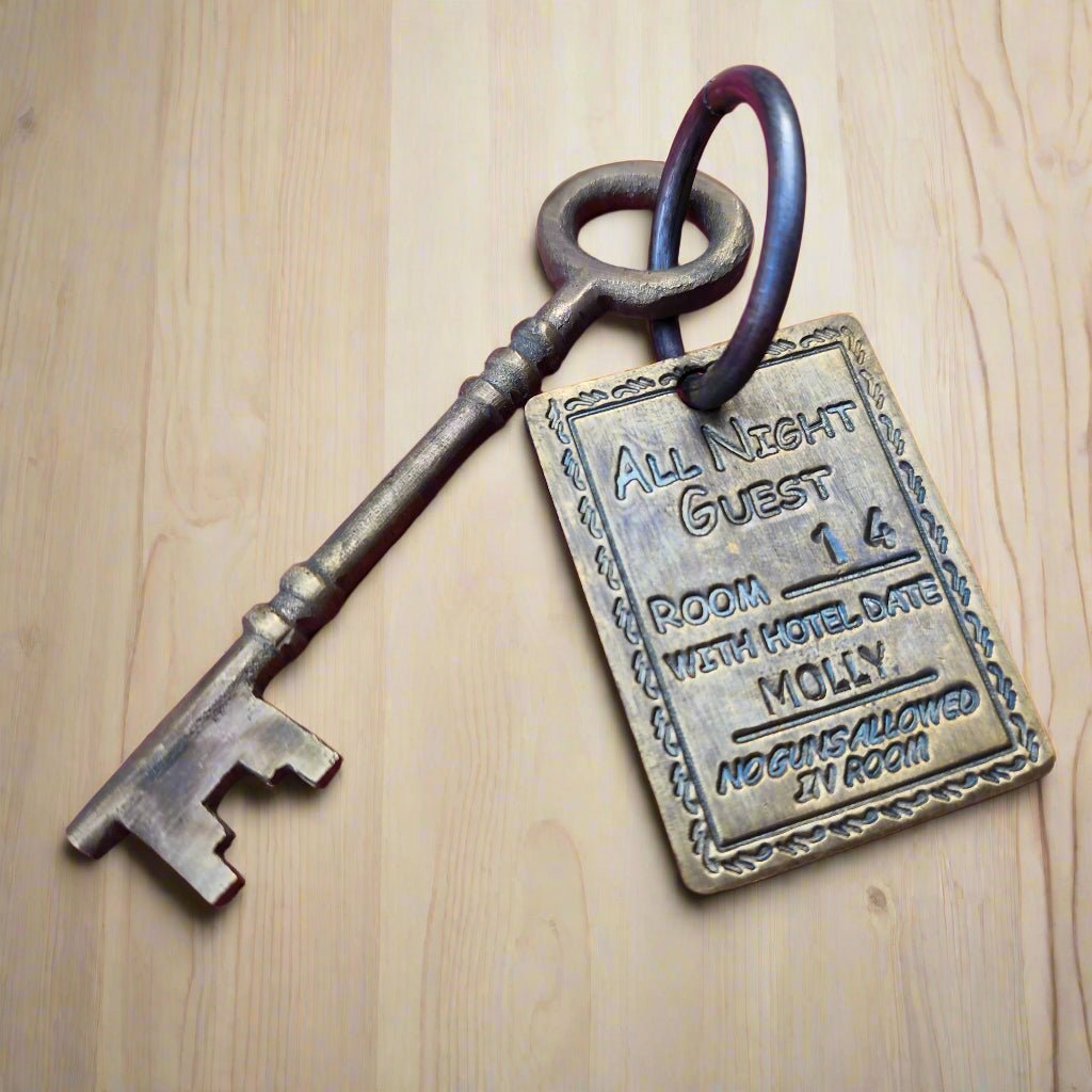 Long Branch 1882 Dodge City Brothel Room Brass Tag & Room Key With Antique Finish (6" Long) - Jones Peak