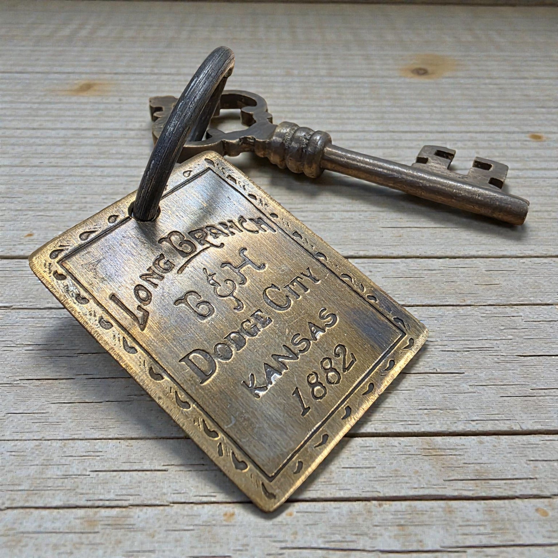Long Branch 1882 Dodge City Brothel Room Brass Tag & Room Key With Antique Finish (6" Long) - Jones Peak
