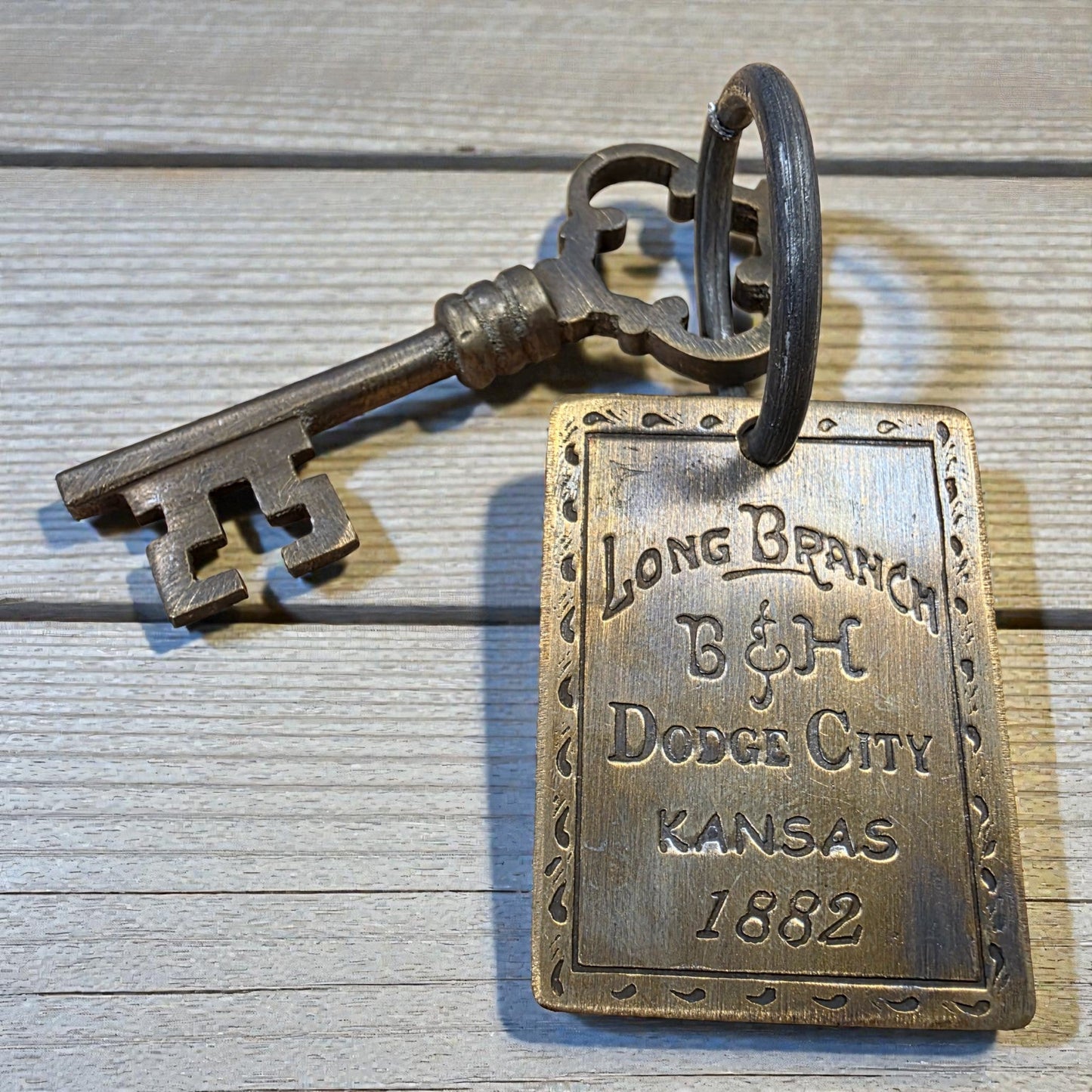 Long Branch 1882 Dodge City Brothel Room Brass Tag & Room Key With Antique Finish (6" Long) - Jones Peak