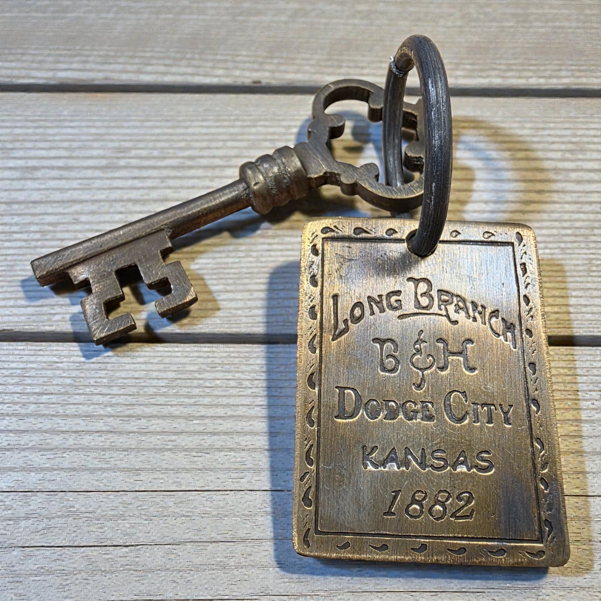 Long Branch 1882 Dodge City Brothel Room Brass Tag & Room Key With Antique Finish (6" Long) - Jones Peak