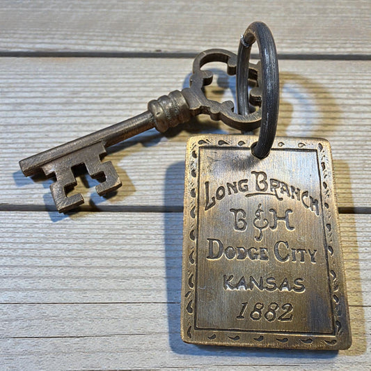 Long Branch 1882 Dodge City Brothel Room Brass Tag & Room Key With Antique Finish (6" Long) - Jones Peak