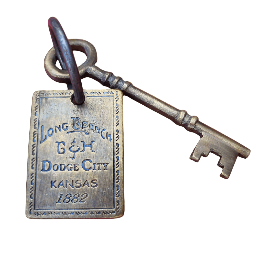 Long Branch 1882 Dodge City Brothel Room Brass Tag & Room Key With Antique Finish (6" Long) - Jones Peak