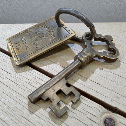 Long Branch 1882 Dodge City Brothel Room Brass Tag & Room Key With Antique Finish (6" Long) - Jones Peak