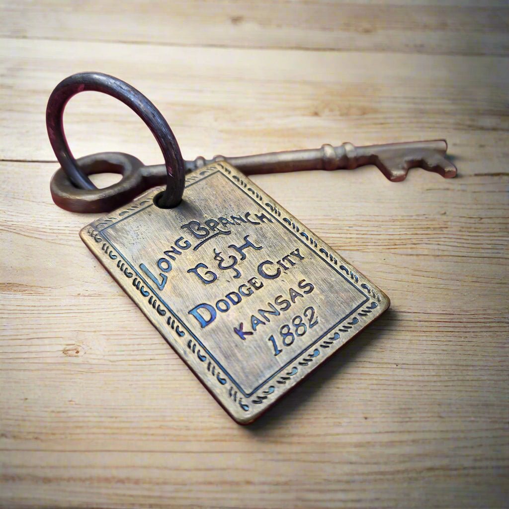 Long Branch 1882 Dodge City Brothel Room Brass Tag & Room Key With Antique Finish (6" Long) - Jones Peak