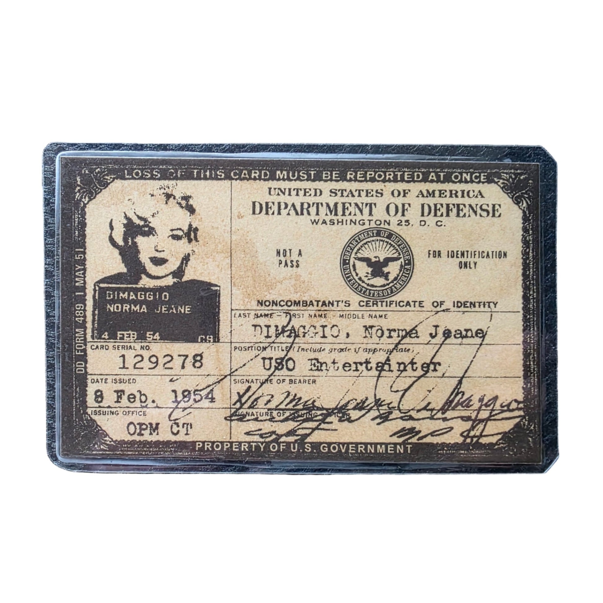 Marilyn Monroe 1954 USA USO ID Card (4.5" x 3") - Jones Peak