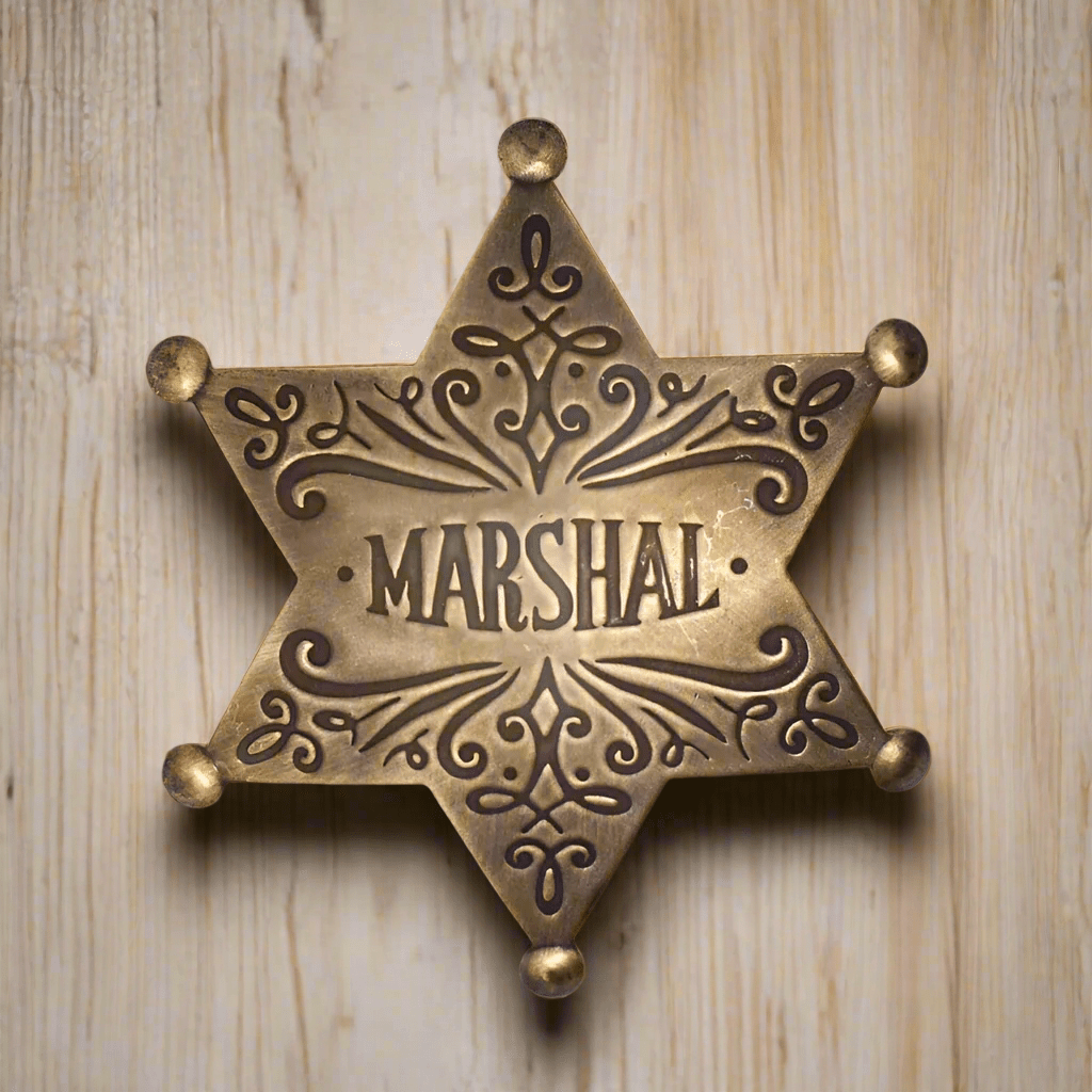 Marshal Old West Solid Brass Ornate Star Badge With Antique Finish & Soldered Pin (3" x 2.25") - Jones Peak