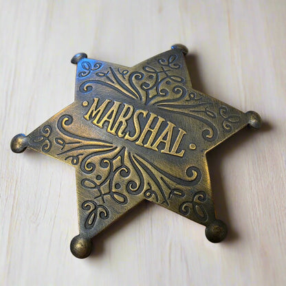 Marshal Old West Solid Brass Ornate Star Badge With Antique Finish & Soldered Pin (3" x 2.25") - Jones Peak