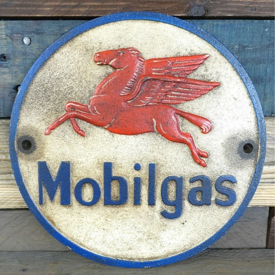 Mobilgas Pegasus Flying Horse Cast Iron Plaque With Painted Antique Finish (9.25" Round) - Jones Peak